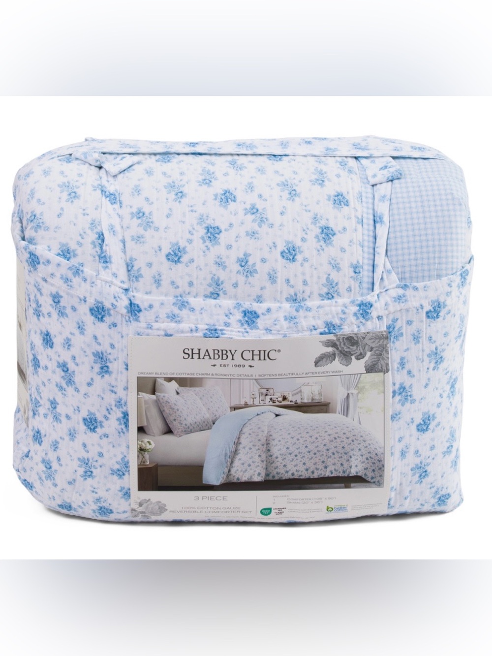 KING Shabby Chic Light Blue Floral reversible Cotton Comforter 3pc Set